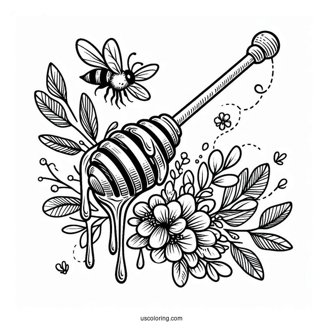 Honey Dipper Dripping With Honey And Surrounded By Bee Coloring Page
