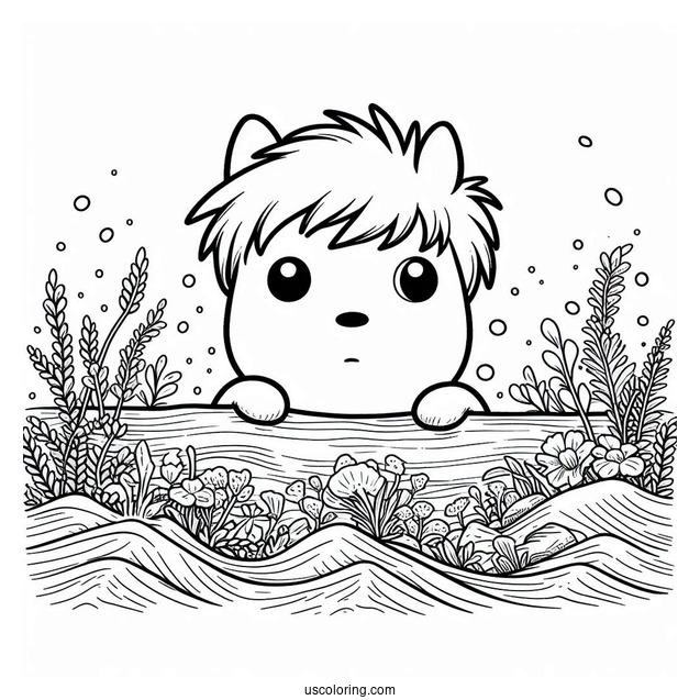 Studio Ghibli Coloring Page of Ponyo Peering Above The Ocean