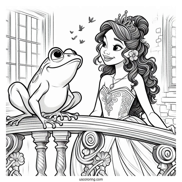Tiana, Ray, And Frog Prince Naveen On Balcony Coloring In