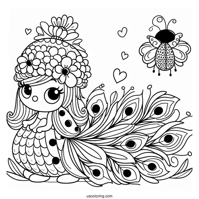 Cartoon Ladybug Sitting On Peacock Coloring Page with Flower Hat and Heart Shaped Tail Feathers