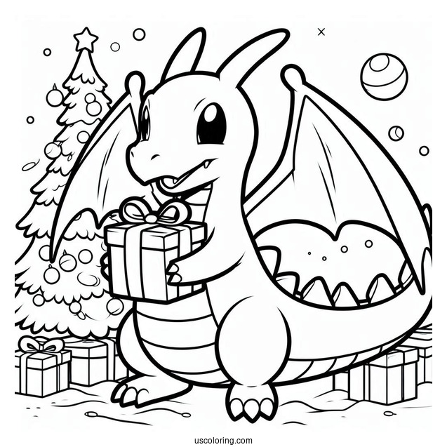 Pokemon Christmas Coloring Page Dragonite Holding A Present