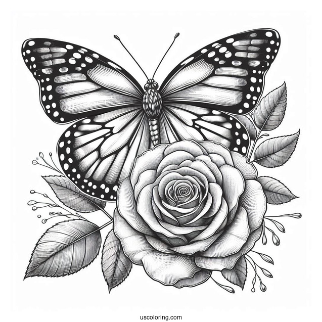 Realistic Butterfly Coloring Page On A Large Rose