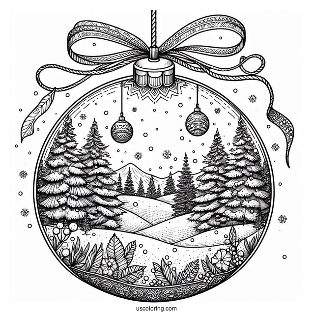 Detailed Winter Landscape Inside Bauble Christmas Ornaments Coloring Page