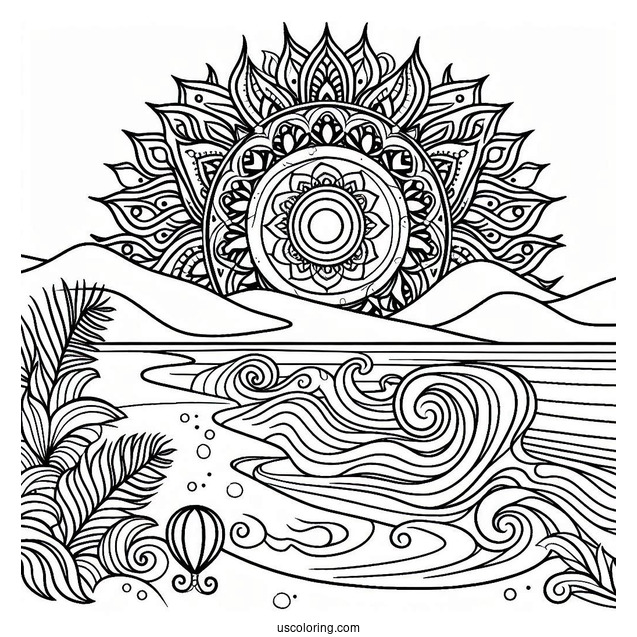 Beach Coloring Page Mandala With Large Waves