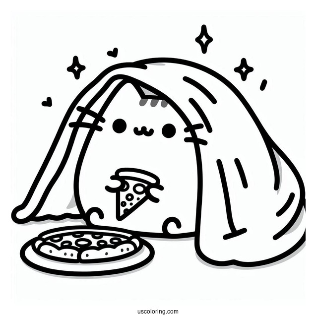 Pusheen Under Blanket Eating Pizza