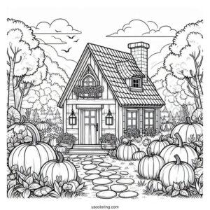 Cottagecore Pumpkin Coloring Page House In The Forest