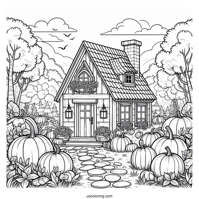 Cottagecore Pumpkin Coloring Page House In The Forest