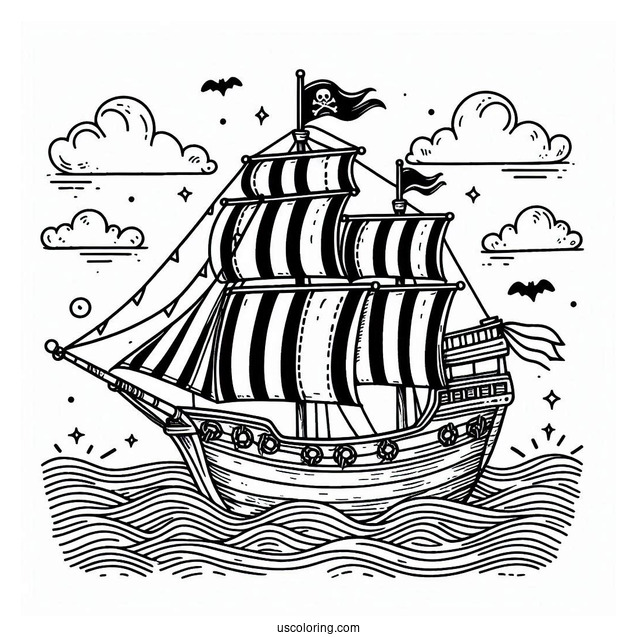 Cute Pirate Ship Coloring Page With Striped Sails At Sea
