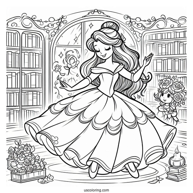 Coloring Page Of Belle Dancing In Book Store
