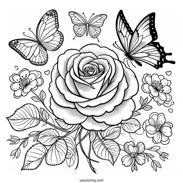 Beautiful Roses With Butterflies To Color