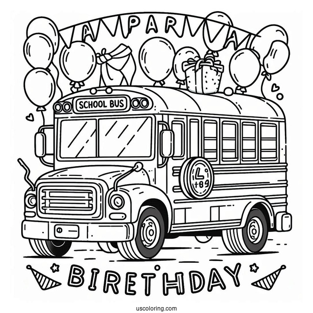 Happy Birthday School Bus Coloring Page With Balloons