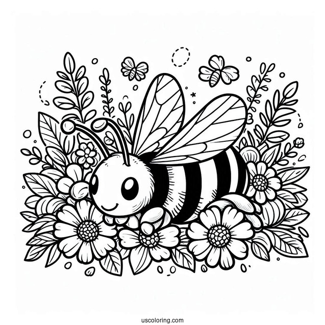 Bee Coloring Page Lying On A Pile Of Flowers And Leaves