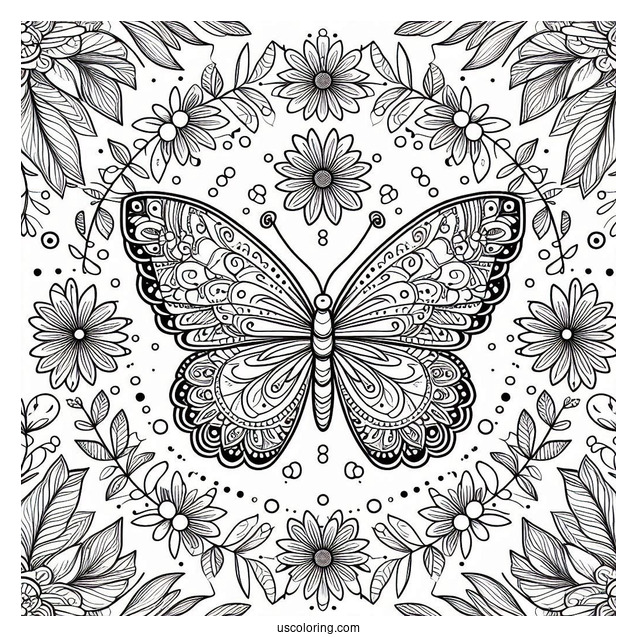 Elegant Butterfly Coloring Page Mandala Surrounded By Flowers