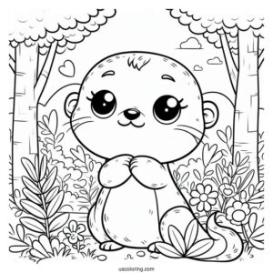 Kawaii Otter Coloring Page In The Forest For Kids