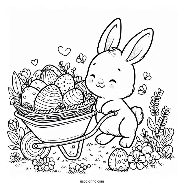 Easter Coloring Page Of Rabbit Pulling Wheelbarrow Full Of Easter Eggs
