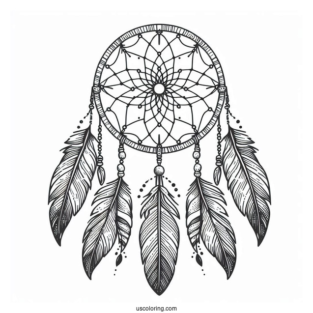 Native American Coloring Page Of Dreamcatcher With Long Feather