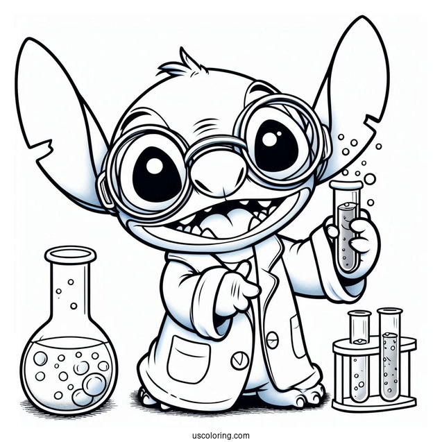 Science Coloring Page Of Mad Scientist Stitch With Goggles And Test Tube For Kids