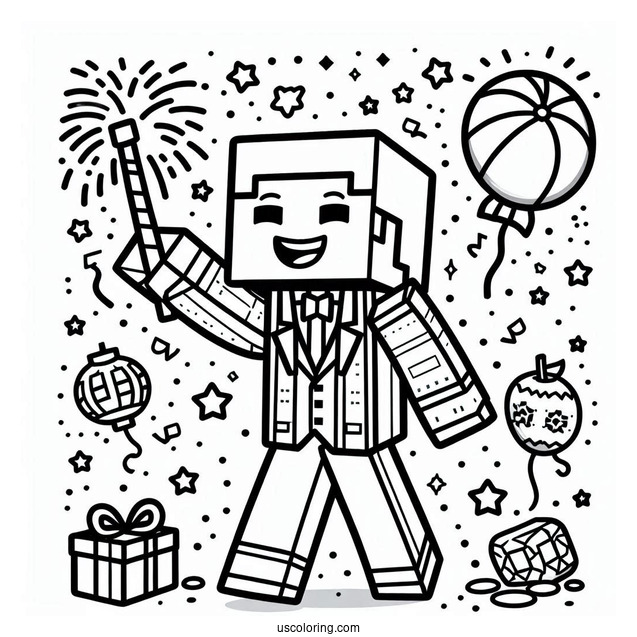 New Year Coloring Page Of Minecraft Steve Celebrating For Kids