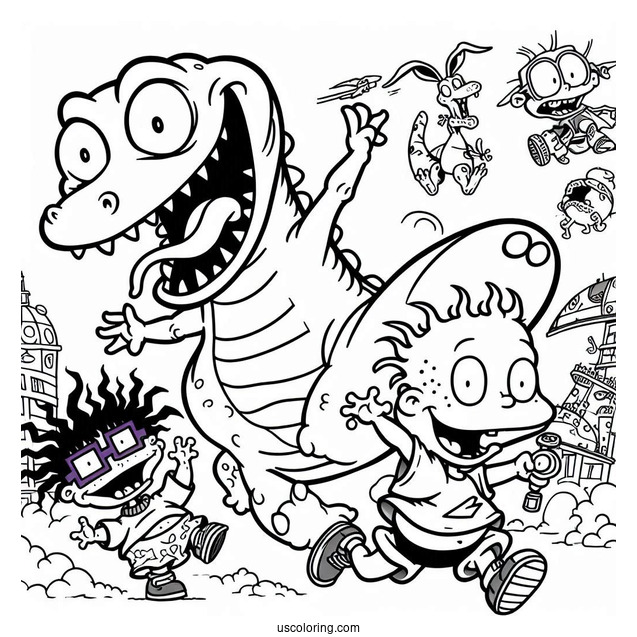 Rugrats Coloring Page Of Reptar Chasing Chuckie And Tommy Rugrats For Kids