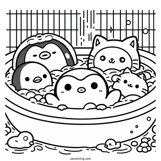Sumikko Gurashi Coloring Page Of Penguin, Shirokuma, Neko, And Tonkatsu In Bath