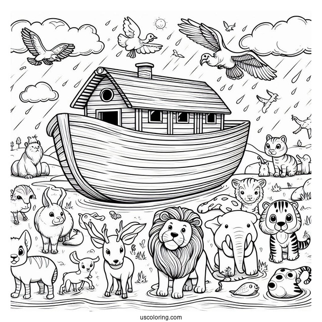 Simple Cartoon Noah's Ark Coloring Page Filled With Animals