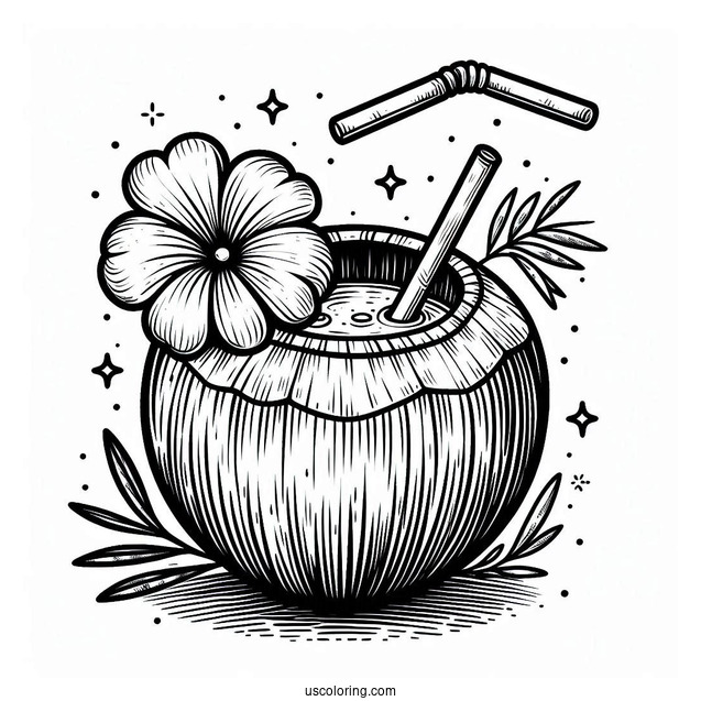 Summer Coloring Page Of Easy Coconut Drink With A Flower For Kids