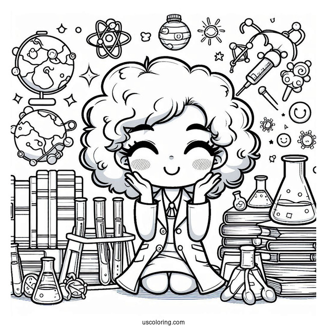 Science Coloring Page Of Chibi Scientist Surrounded By Books And Test Tubes