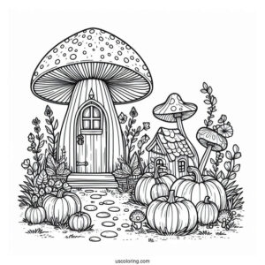 Tiny Houses And Pumpkins Growing On Top Of A Mushroom Coloring Page