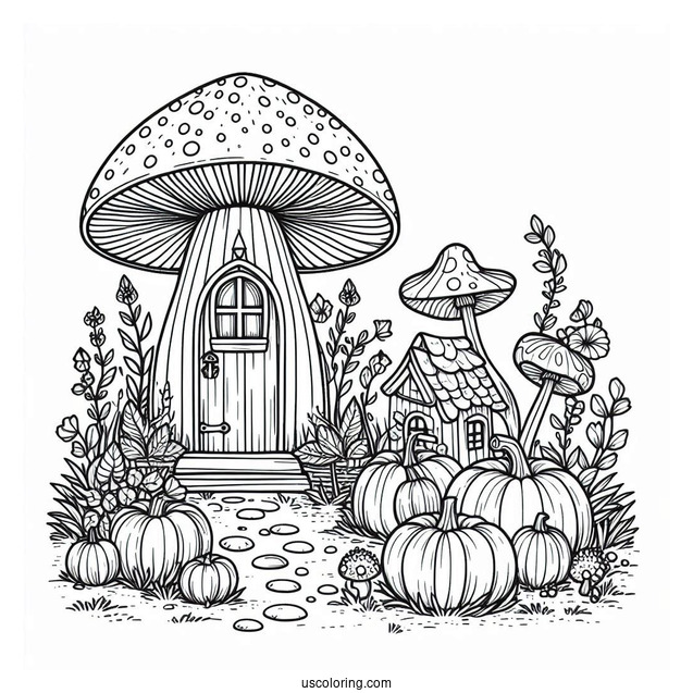 Tiny Houses And Pumpkins Growing On Top Of A Mushroom Coloring Page