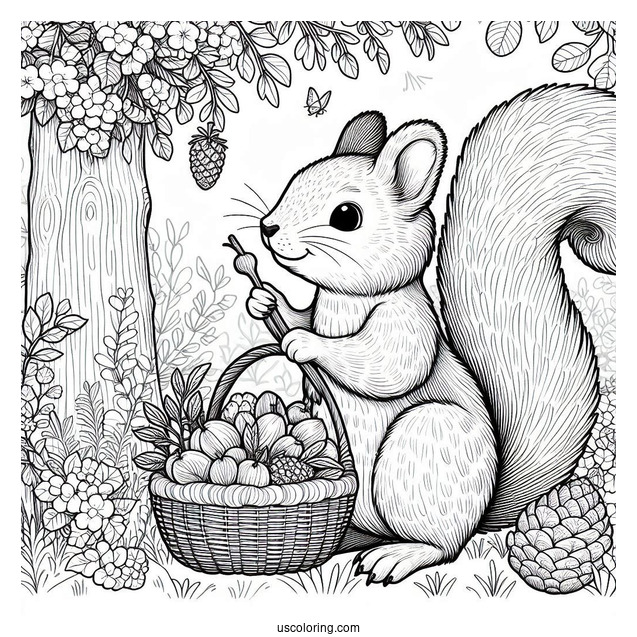 Squirrel Coloring Page Holding Stick And Wearing Basket For Collecting Nuts