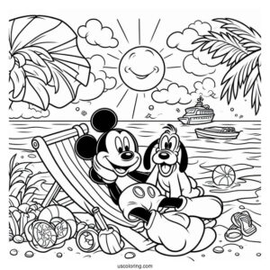 Mickey Mouse And Pluto Lounging At The Beach Coloring Page