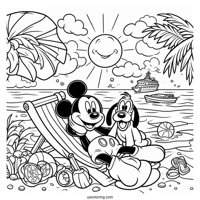 Mickey Mouse And Pluto Lounging At The Beach Coloring Page