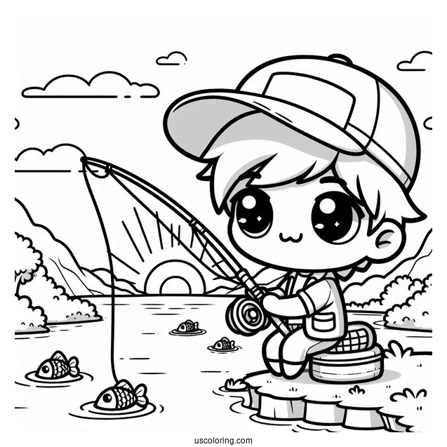 Fishing Coloring Page Of Kawaii Chibi Man Holding Fishing Rod In Front Of River