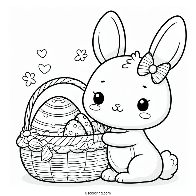 Smiling Bunny Holding A Basket Of Easter Coloring Page Of Eggs For Kids