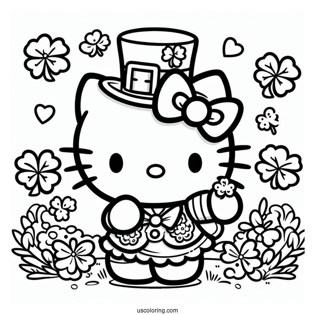 St. Patrick's Day Coloring Page Of Cute Hello Kitty Dressed As A Leprechaun With A Shamrock For Preschoolers