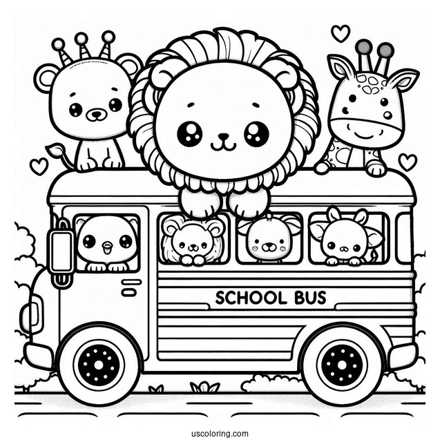 Kawaii Lion, Elephant, and Giraffe on School Bus Coloring Page For Kids