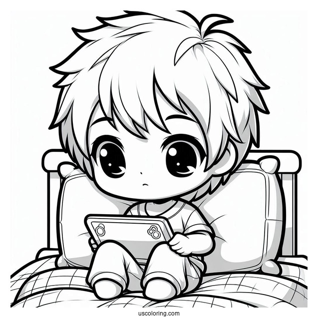 Chibi Little Boy Playing With His Tablet On His Bed