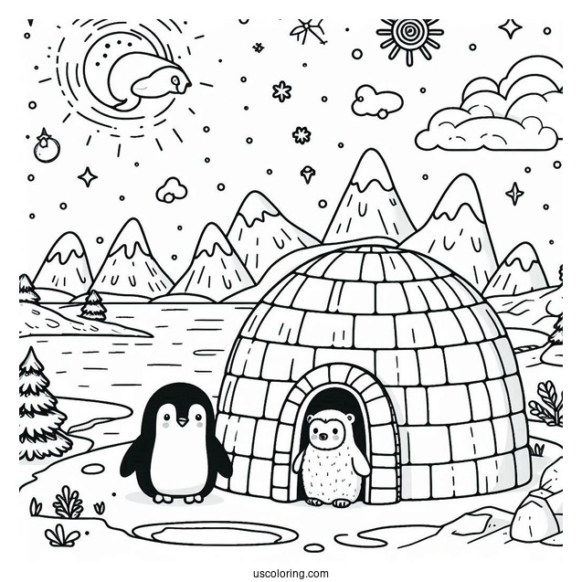 Igloo, Penguins, And Polar Bears In The North Pole Coloring Page For Preschoolers