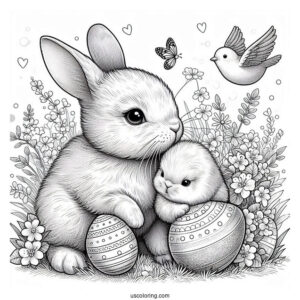 Easter Coloring Page Of Realistic Bunny And Chick On The Grass With Easter Eggs