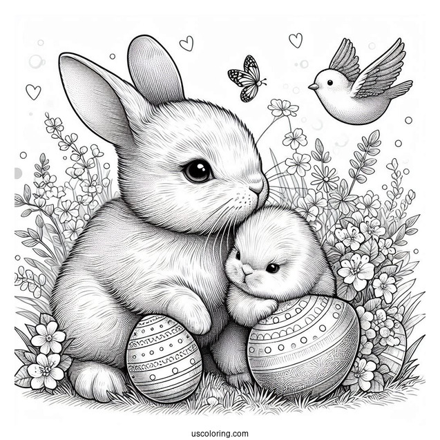 Easter Coloring Page Of Realistic Bunny And Chick On The Grass With Easter Eggs