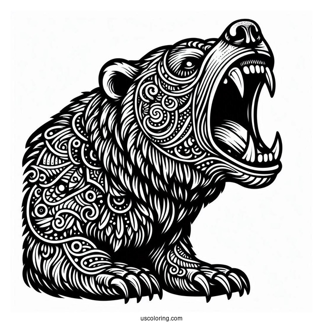 Roaring Bear Coloring Page With Sharp Teeth Mandala