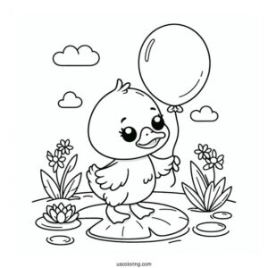 Adorable Duck With Balloon Standing On Lily Pad Coloring Sheet For Preschoolers