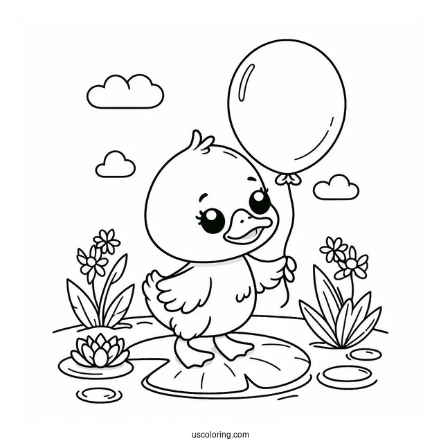 Adorable Duck With Balloon Standing On Lily Pad Coloring Sheet For Preschoolers