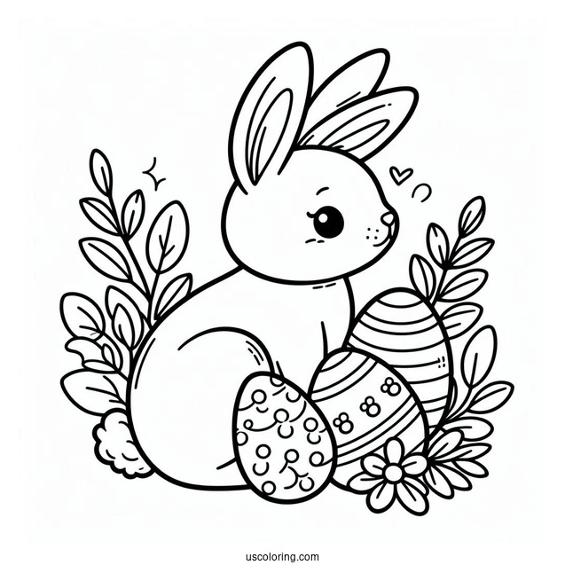 Simple Easter Bunny Coloring Page Outline With Cartoon Eggs