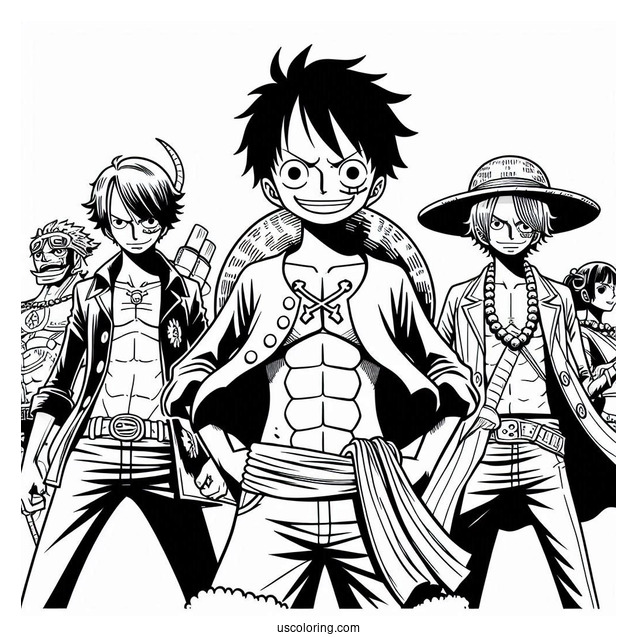One Piece Coloring Page Of Luffy, Zoro, Sanji, Usopp, And Nami For Kids
