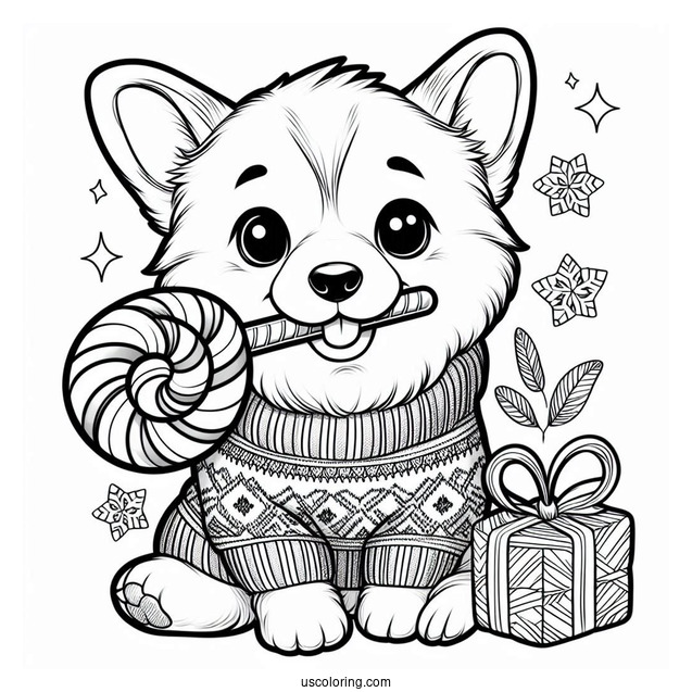 Christmas Coloring Pages For Adults Of Cute Corgi In Sweater Biting A Treat Christmas Coloring Page