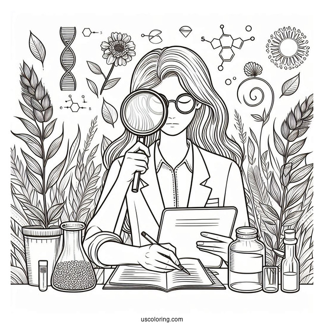 Science Coloring Page Of Scientist Studying A Plant With A Magnifying Glass