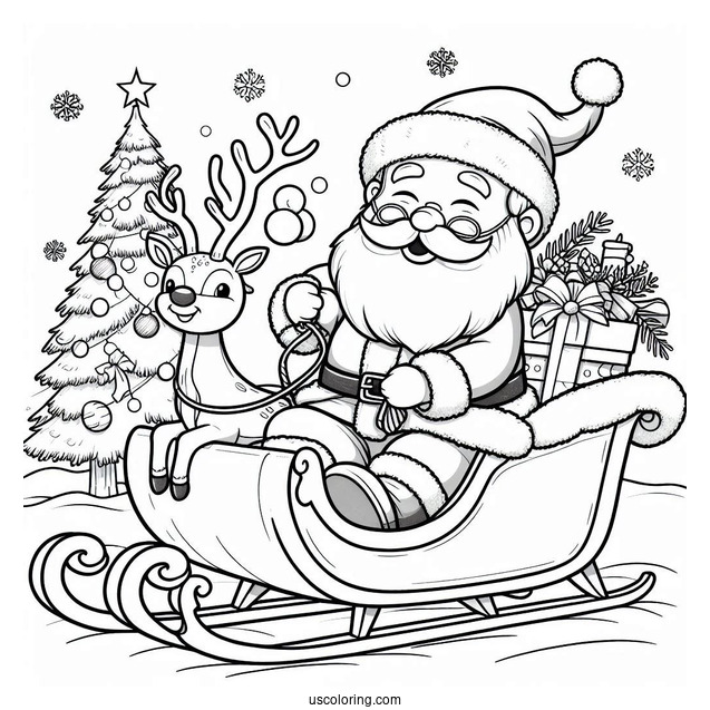 Santa In His Sleigh With Rudolph To Color