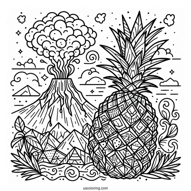 Geometric Pineapple Coloring Page With Volcano Eruption