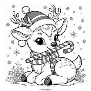 Reindeer With Santa Hat Biting A Candy Cane Coloring Page